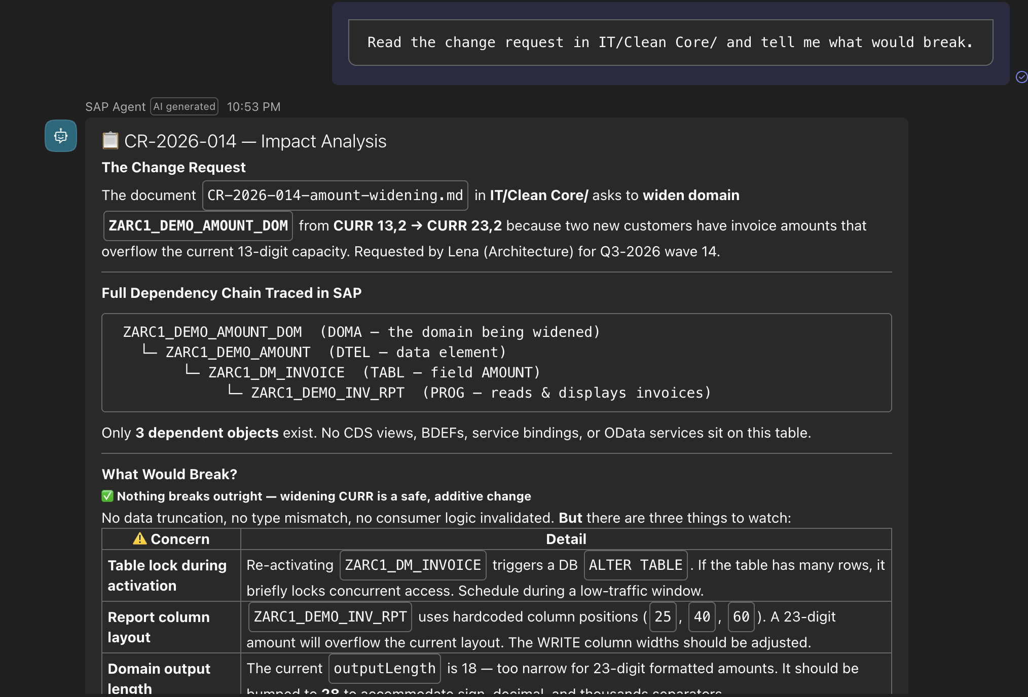 Copilot Studio impact analysis for an ABAP domain change request
