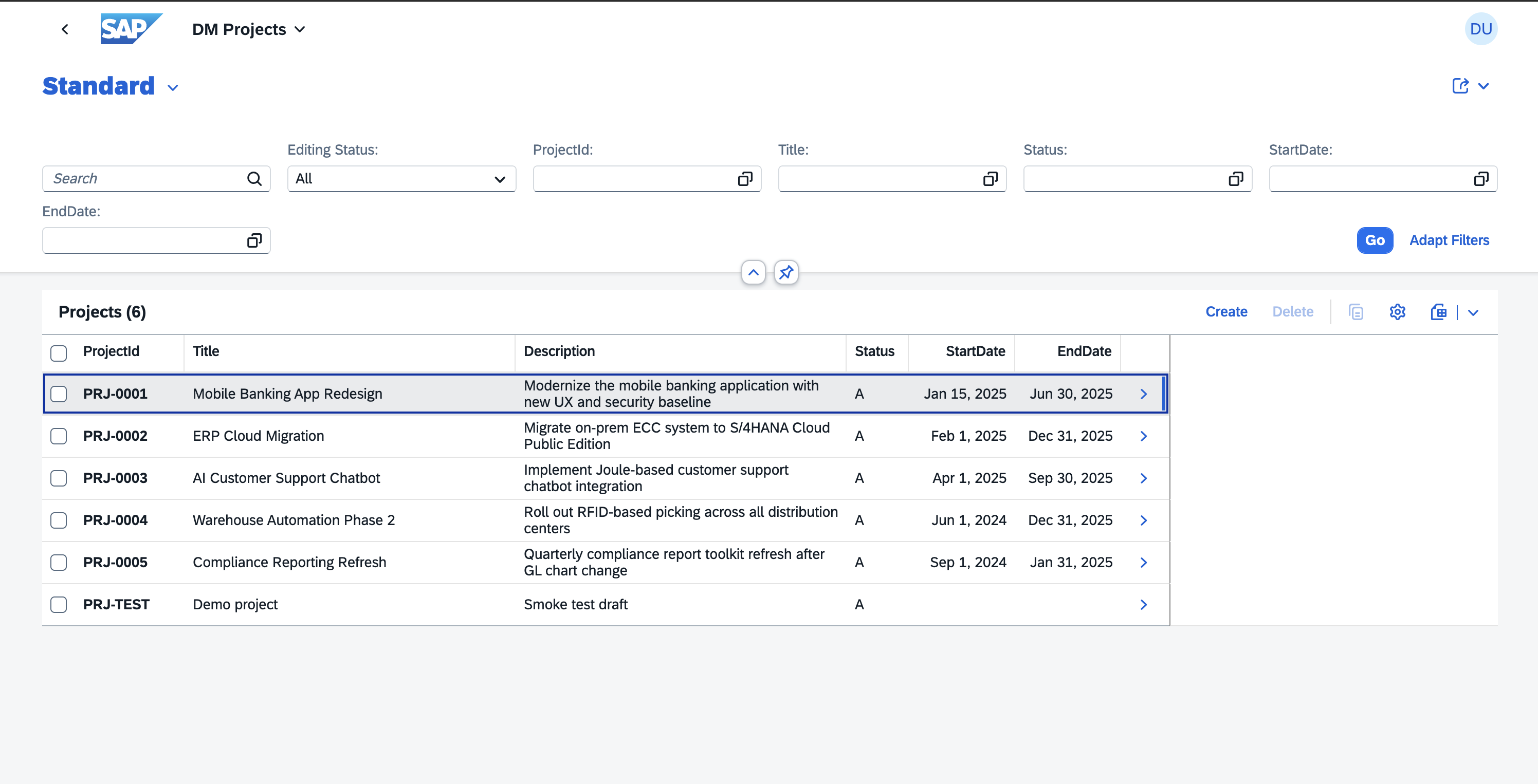 Fiori elements list report generated from a RAP OData V4 service